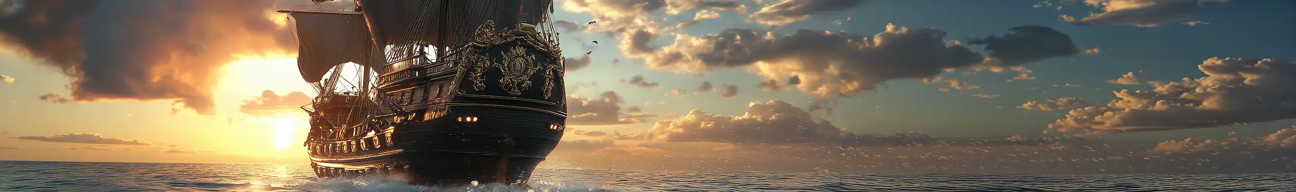Un maestoso vascello pirata naviga tra le onde al tramonto, illuminato dalla luce dorata del sole che si riflette sul mare calmo e sulle decorazioni dorate della poppa. Le vele scure catturano il vento, mentre gabbiani volano tra le nuvole infuocate del cielo.
