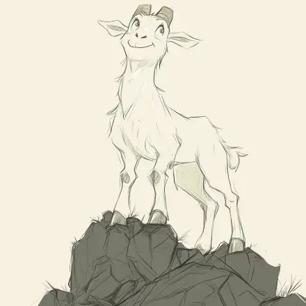 Illustrazione a matita di una capra dal muso sorridente in piedi su una roccia scoscesa, disegnata in stile morbido e cartoon, su sfondo color pergamena chiaro.